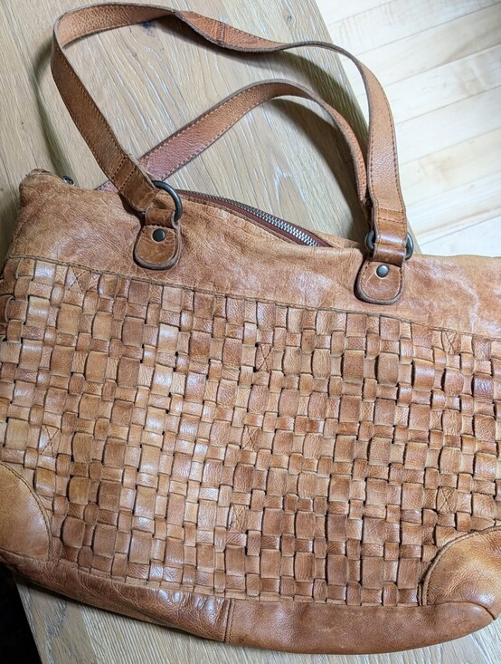 Vintage Handbags - Vintage Authentic Leather Waffle Stitch Woven Leather Tote Bag in Tan